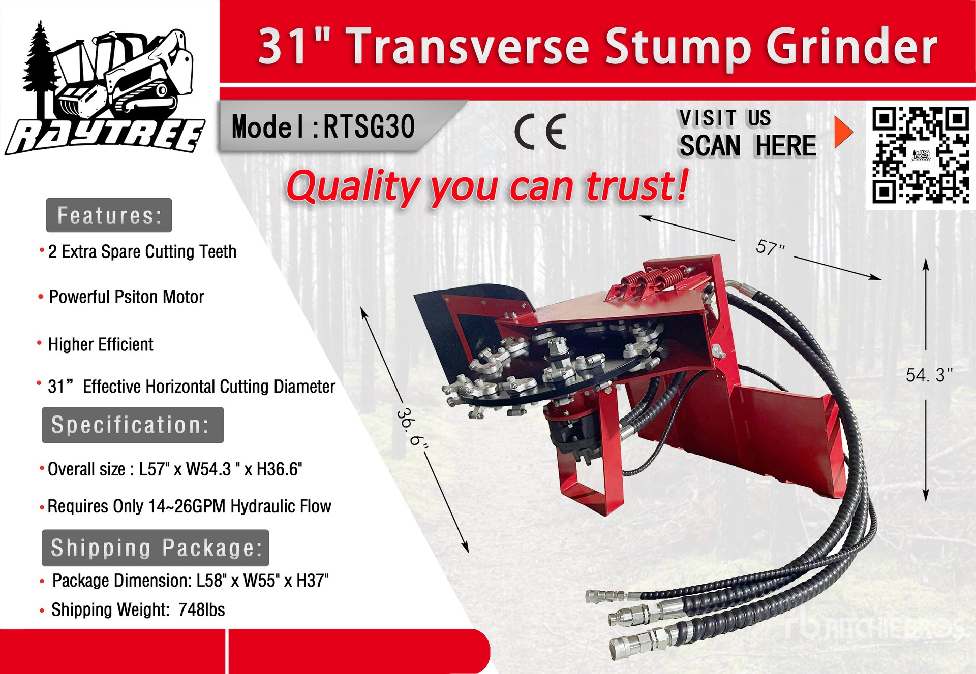 2026 Raytree RTSG30 31 in Transverse Skid Steer Stump Grinder (Unused)