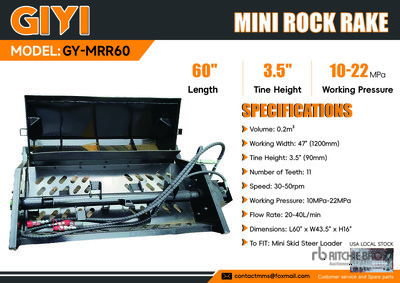 2026 GIYI GY-MRR60 60 in Mini Skid Steer Rock Rake Różne Osprzęt do miniładowarek (Unused)