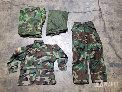 (140) Woodland BDU Pants & Shirts, (10) Woodland & OD Ponchos