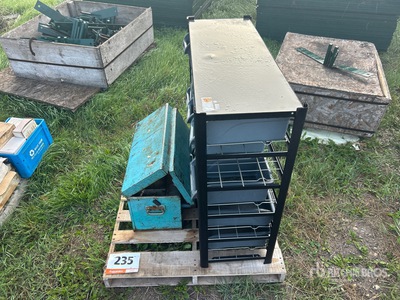 Steel Parts Storage Rack w/ 21 Plastic Bins & Metal Tool Box