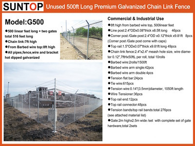 2026 SUNTOP G500 500 ft x 7 ft Galvanized Chain Link سياج الموقع (Unused)