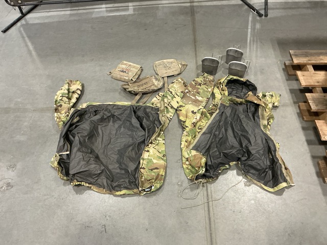 (3) Jackets, (22) Field Pack Inserts, (16) Water Canteen Cups & Assorted Items