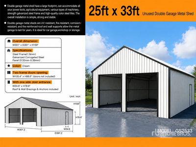 2026 Suihe GS2533 33 ft x 25 ft Double Garage Metal 倉庫 (Unused)