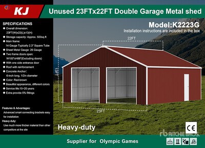 2026 KJ K2223G 23 ft x 22 ft Double Garage Metal Storage Building (Unused)