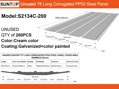 Quantity of (200) 2026 SUNTOP S2134C-200 3 ft x 7 ft Corrugated Galvalume Steel Panels (Unused)