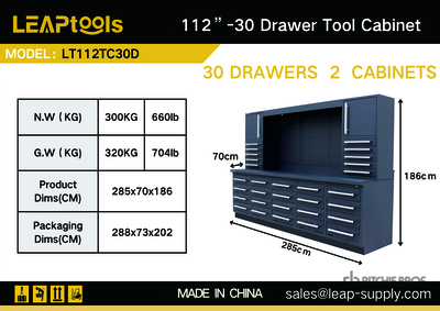 2026 LEAPtools LT112TC30D 2850 mm 30-Drawer Workbench (Unused)
