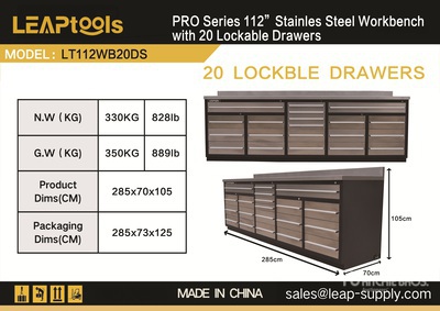 2026 LEAPtools LT112WB20DS 2850 mm 20-Drawer Pro Series Workbench (Unused)