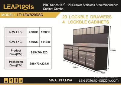 2026 LEAPtools LT112WB20DSC 2850 mm 20-Drawer Pro Series Workbench (Unused)