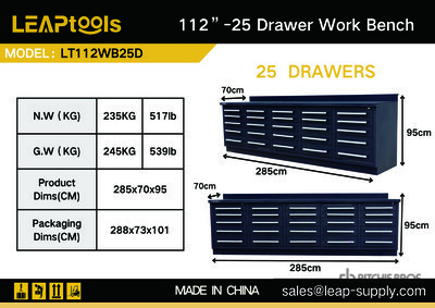 2026 LEAPtools LT112WB25D 2850 mm 25-Drawer Workbench (Unused)