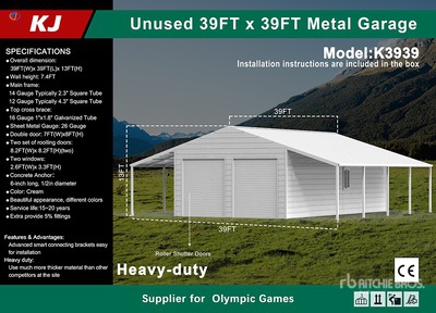 2026 KJ K3939 39 ft x 39 ft Double Garage Metal Bâtiment d'entreposage (Unused)