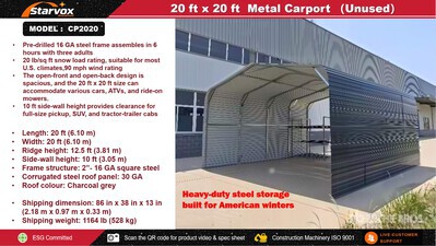 2026 STARVOX CP2020 20 ft x 20 ft Abri Voiture (Unused)
