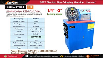 2026 STARVOX DT500-C 500T Electric Pipe Crimping Machine Divers - Magasin, entrepôt, consommateur (Unused)