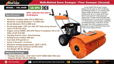 2026 STARVOX VOL-800B Walk-Behind Snow or Floor Sweeper (Unused)