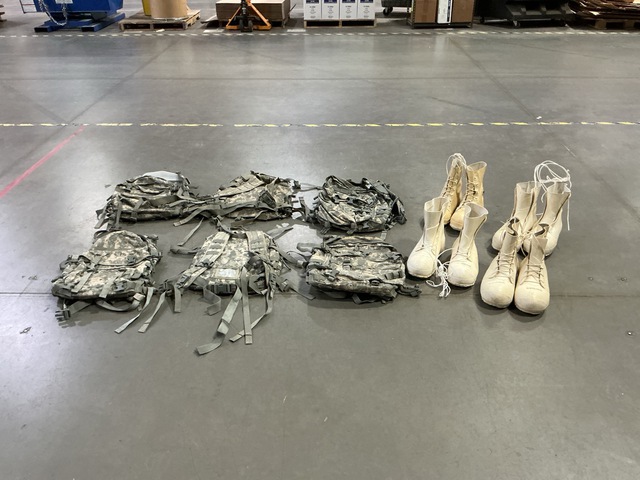 (15) Pairs of Boots, (4) Field Packs, (11) Jackets & Assorted Items