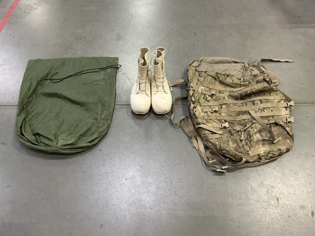 (7) Clothing Bags, (17) Pairs of Extreme Cold Weather Boots & Assorted Items