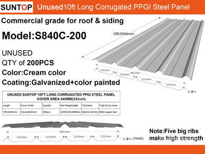 Quantity of (200) 2026 SUNTOP S840C-200 33 in x 10 ft Corrugated Galvalume Steel Panels (Unused)