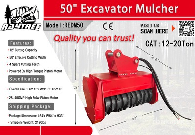 2026 Raytree REDM50 50 in Excavator Mulcher Attachment - Fits 12 - 20 ton (Unused)