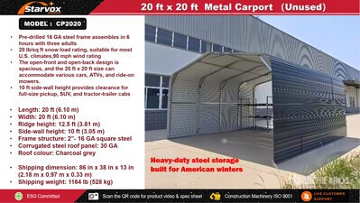 2026 STARVOX CP2020 20 ft x 20 ft Carport (Unused)