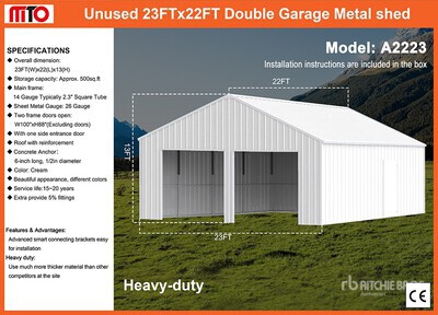 2026 MTO A2223 22 ft x 23 ft Double Garage Metal Bâtiment d'entreposage (Unused)