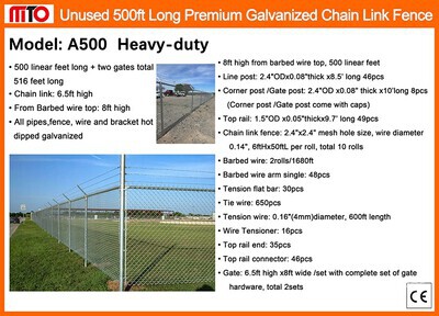 2026 MTO A500 500 ft x 6 ft Chain Link Clôture de site (Unused)