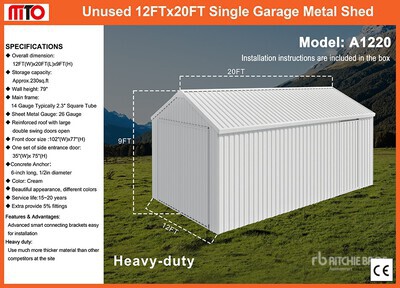2026 MTO A1220 12 ft x 20 ft Single Garage Metal (Unused)