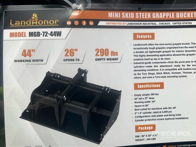 2025 Landhonor MGB-72-44W Mini Hydraulic Skid Steer Grapple Bucket (Unused)