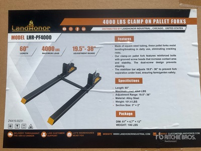 Landhonor LHR-PF4000 Qty of 2 Skid Steer Clamp On Pallet Forks (Unused)