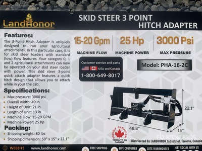 2025 Landhonor PHA-16-2C Skid Steer 3-Point Adapter (Unused)