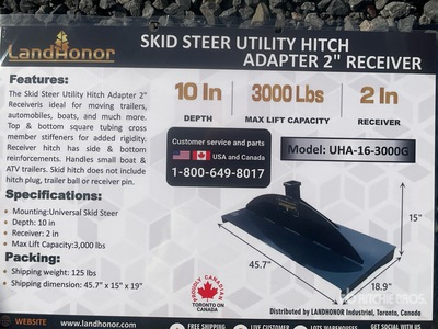 2025 Landhonor UHA-16-3000G Qty of 2 Utility Skid Steer Hitch Receiver (Unused)