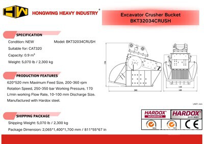 2026 HW BKT32034CRUSH 34 in 0.9 m3 Excavator Crusher Bucket - Fits Cat 320 (Unused)