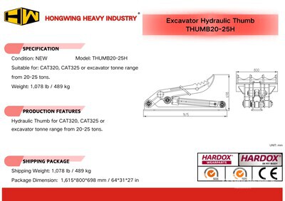 2026 HW THUMB20-25H 30 in Hydraulic Pouce d'excavatrice - Fits Cat 320, 325 / 20 - 25 ton (Unused)