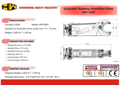 2026 HW HW150RT Rotating Cisaille hydraulique - Fits Excavator 13 - 18 tons (Unused)