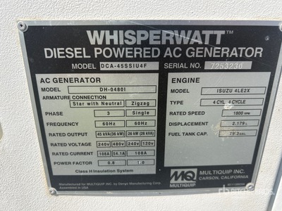2019 Multiquip DCA-45SS U4F 36 kW Skid-Mounted Generator Set
