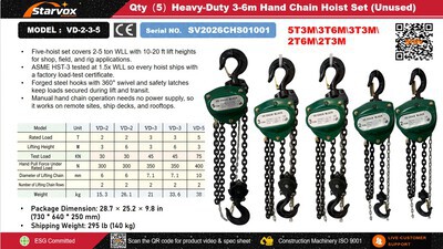 Quantity of (5) 2026 STARVOX VD-2-3-5 Heavy-Duty 3-6m Hand Chain Hoist Set (Unused)