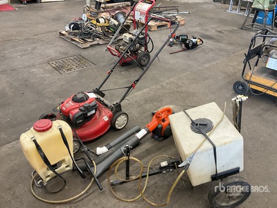 Quantity of (4) Husqvarna 125B Blower, Troy-Bilt TB110 Push Mower, Backpack Sprayer, Pull Behind Trailer Divers - Équipement d'aménagement paysagé