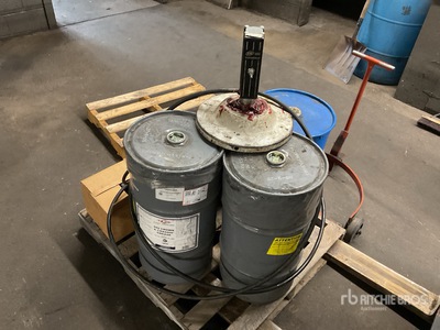 Quantity of (2) New Chassis Grease Barrels w/Pump and Barrel Dolly and 16 gallons of Full Synthetic SAE 50
