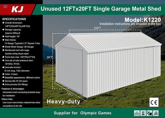KJ K1220 Single Garage Metal Garage Shed - Unused KJ K1220 Single Garage Metal Garage Shed - Unused