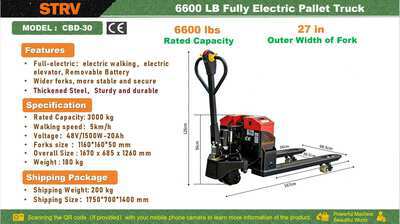 2026 STARVOX CBD-30 6600 lb Electric Montacargas de Patin (Sin Usar) / Pallet Jack (Unused)