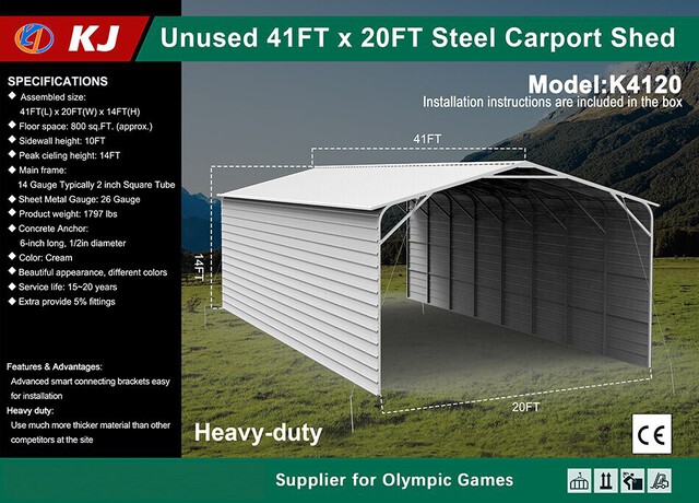 KJ K4120 Steel Carport Shed - Unused
