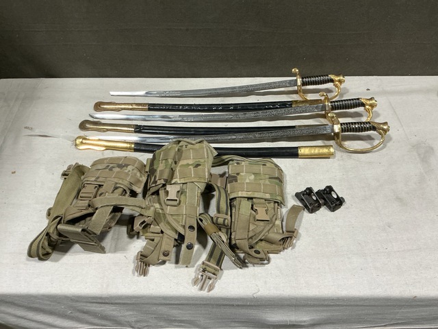 (75) Individual Holsters, (4) Rear Sights, (9) Swords & Assorted Items