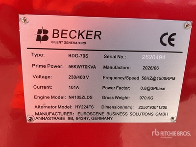 2026 Becker BDG-70S 56KW/70KVA Generator set (Unused)