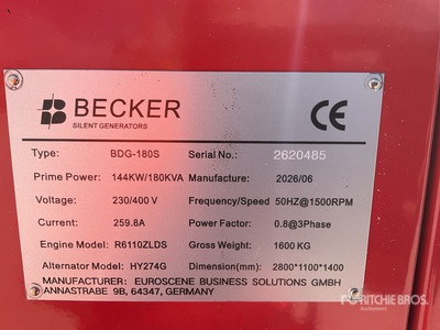 2026 Becker BDG-180S 144KW/180KVA Generator set (Unused)