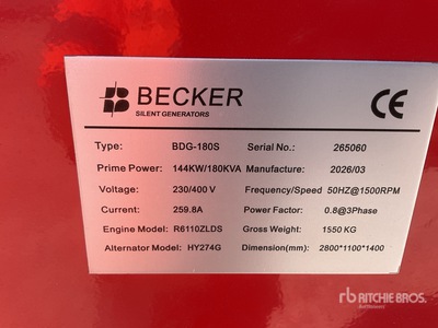 2026 Becker BDG-180S 144KW/180KVA Generator set (Unused)