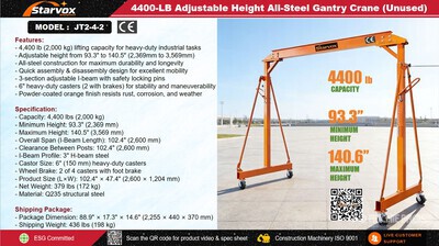 2026 STARVOX JT2-4-2 4400 lb Adjustable Height All-Steel Pont-portique (Unused)