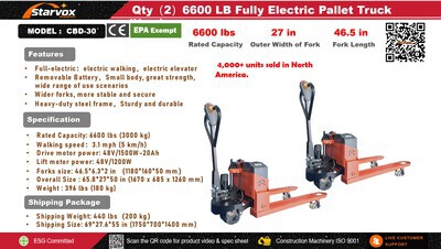 Quantity of (2) 2026 STARVOX 6600 lb Electric Transpallet (Unused)
