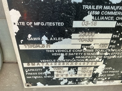 2019 MAC 1050 cft T/A Pneumatic Bulk Trailer