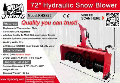 2026 Raytree RHSB72 72 in Hydraulic Skid Steer Snowblower (Unused)