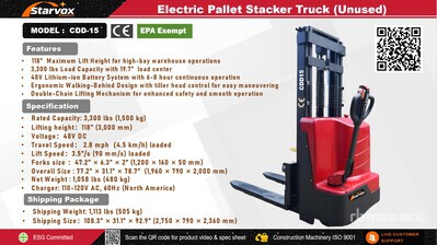 2026 STARVOX CDD15 3300 lb Elektrische stapelaar (Unused)