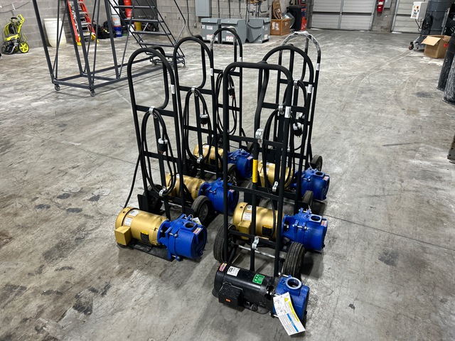 Quantity of (6) AMT Electric Self-Priming Cast Iron Sewage / Trash Pumps and (6) Hand Dollies (Unused)