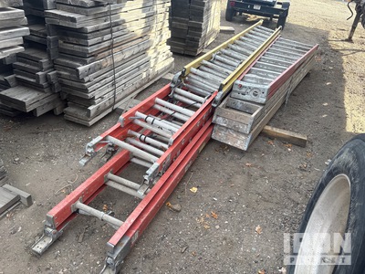 Quantity of (7) 4-fiberglass extension letters, 3- A-frame ladders, 2 wood and 1 fiberglass Ladder